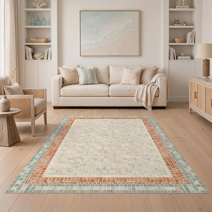 Beige Mosaic Tile Area Rug with Terracotta Border