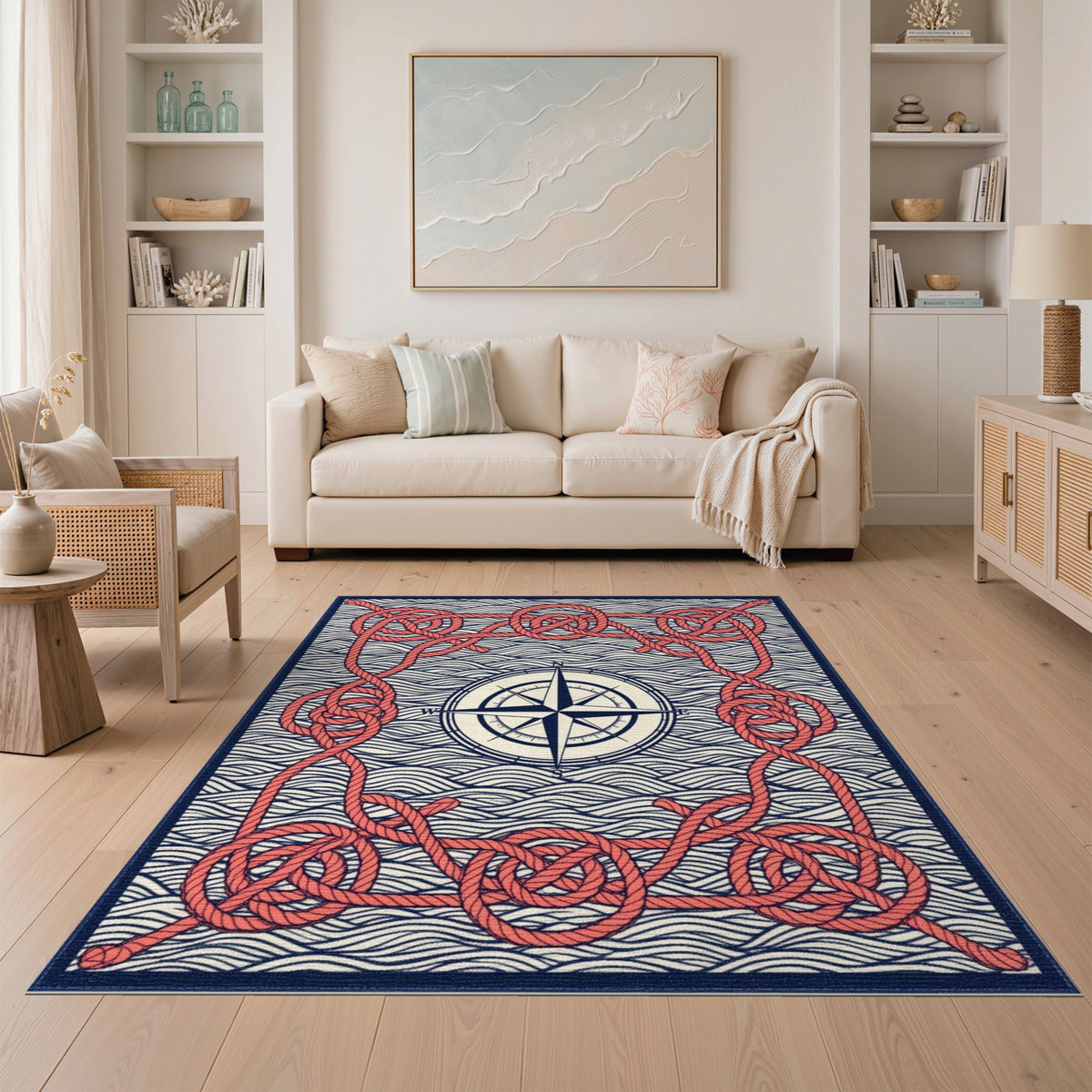 Red Rope Compass Nautical Area Rug