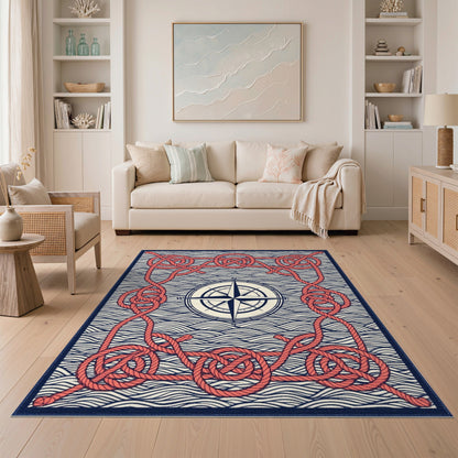 Red Rope Compass Nautical Area Rug