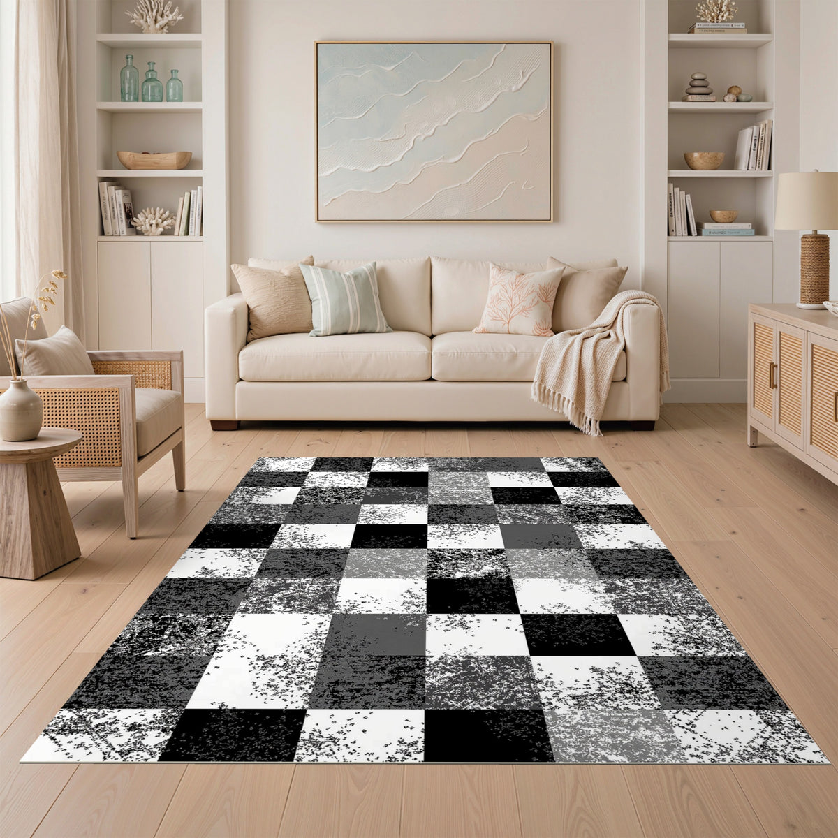 Checkered Black and White Distressed Black White Checkered Area Rug