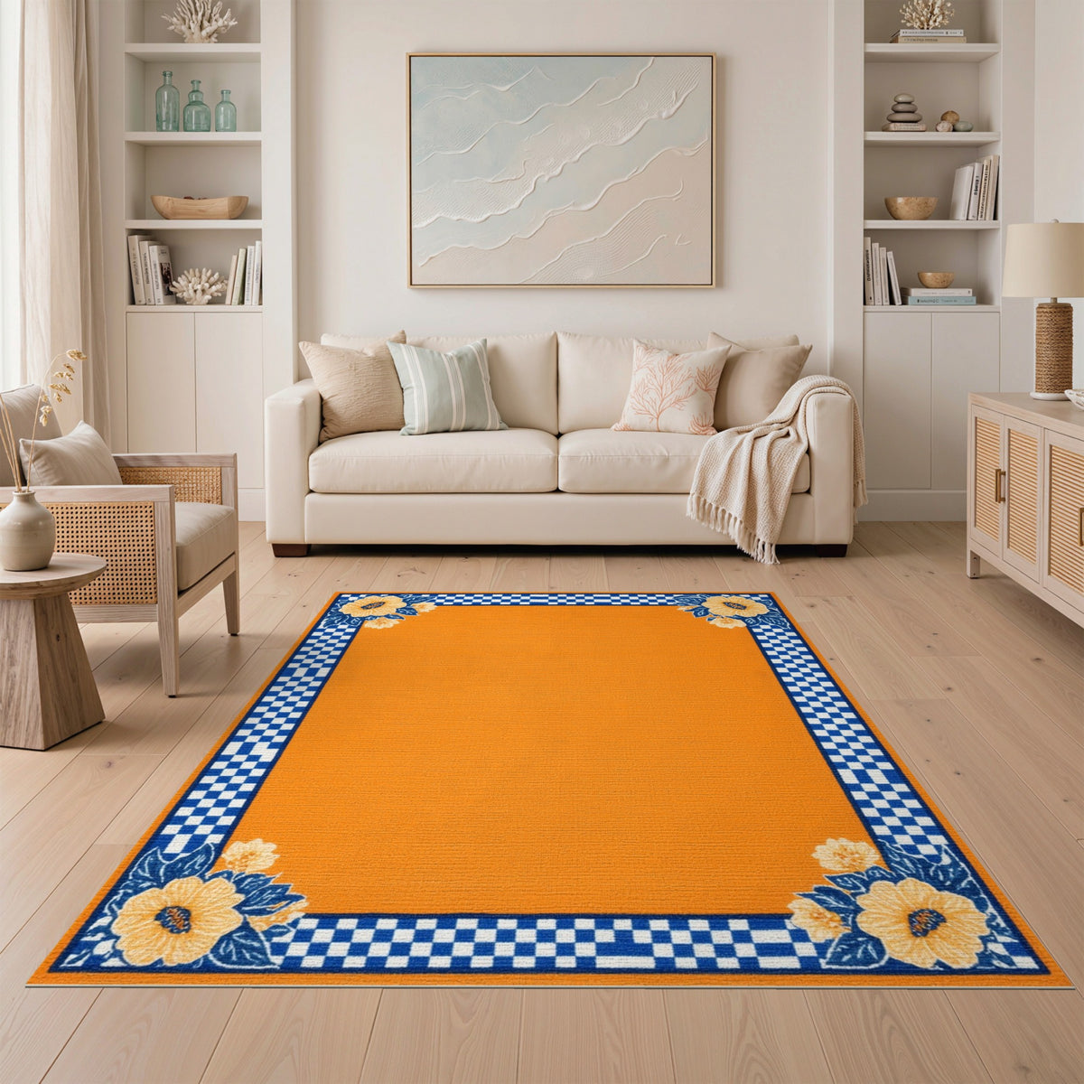 Orange Floral Checkered Area Rug