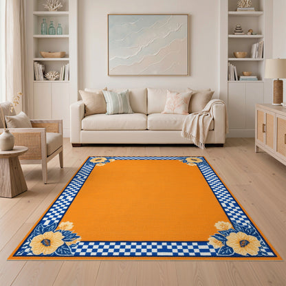 Orange Floral Checkered Area Rug