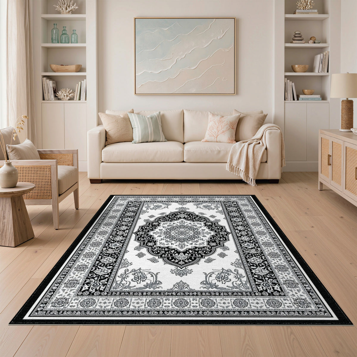 Black White Persian Medallion No. 6 Area Rug