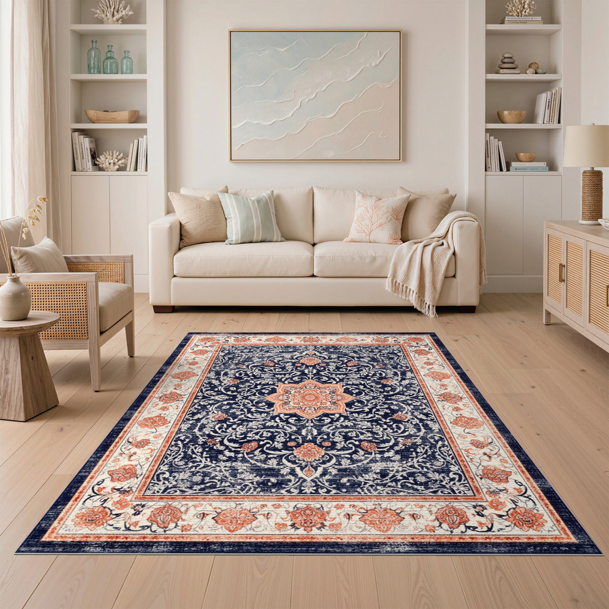 Navy Floral Medallion Vintage Area Rug
