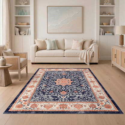 Navy Floral Medallion Vintage Area Rug