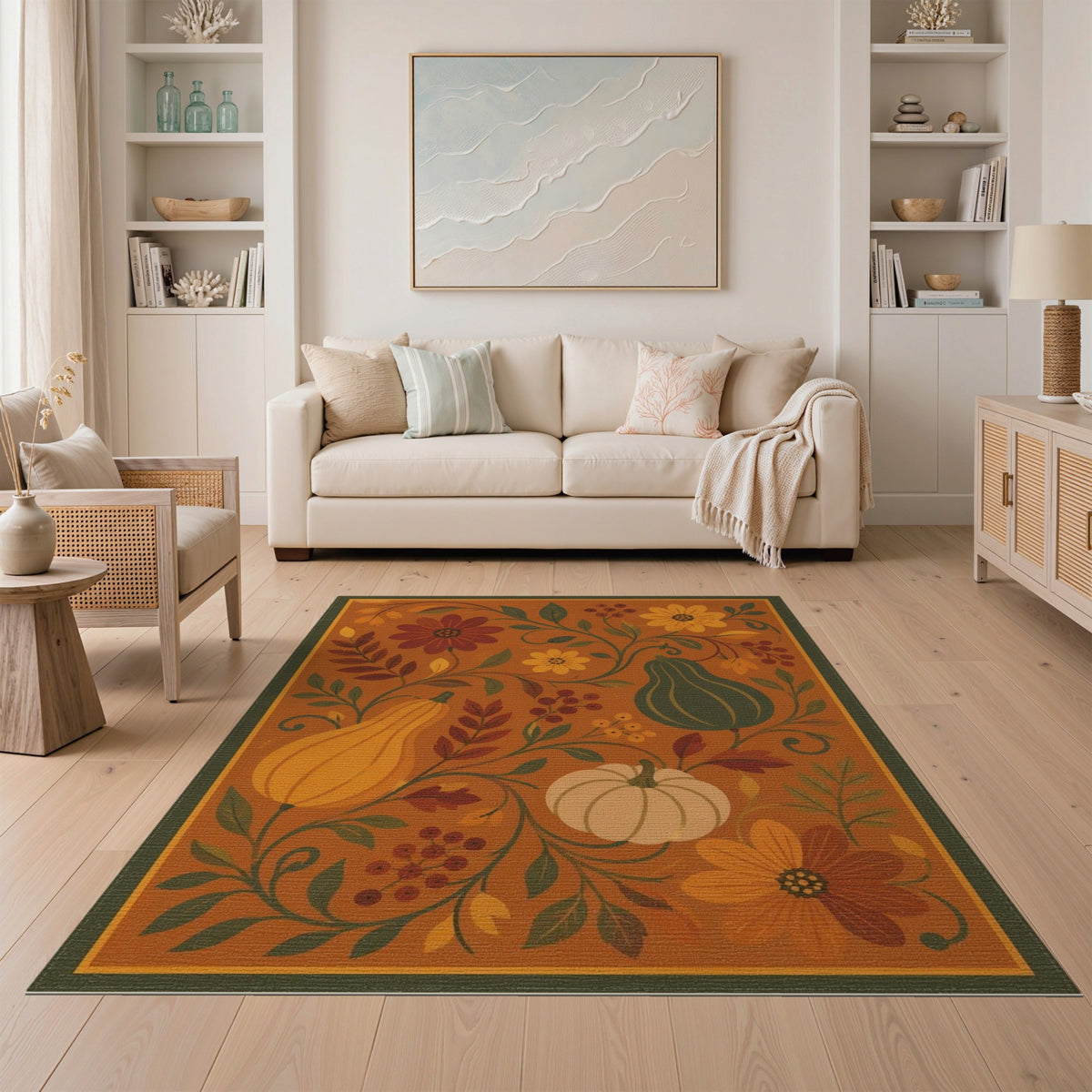 Orange Autumn Pumpkin Floral Area Rug