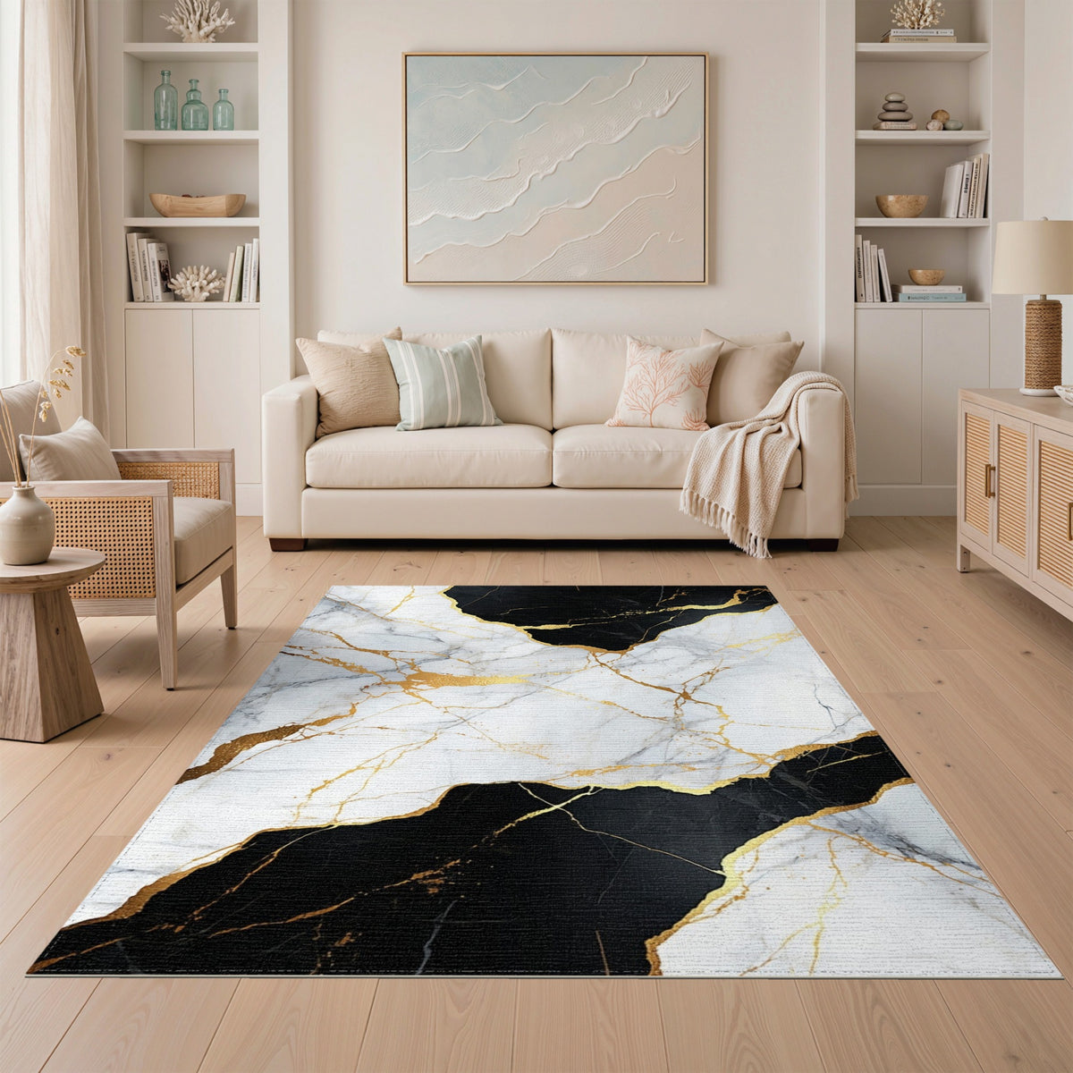 Abstract Area Black White Marble Gold Area Rug