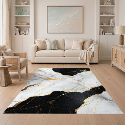 Abstract Area Black White Marble Gold Area Rug