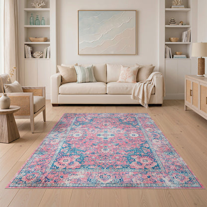Pink Distressed Vintage Pink Floral Distressed Vintage Area Rug