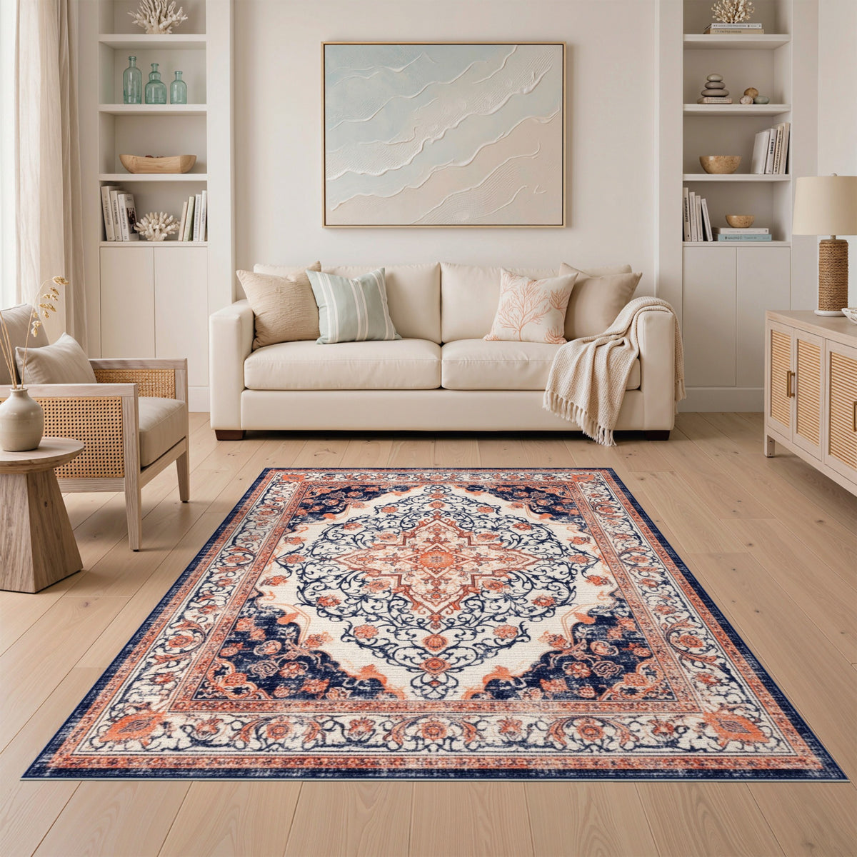 Navy Blue Orange Persian Medallion Rug