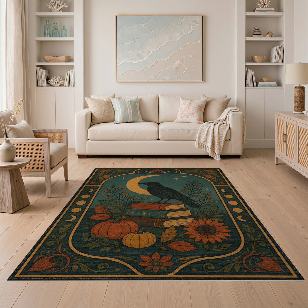 Raven Books Pumpkin Teal Area Rug