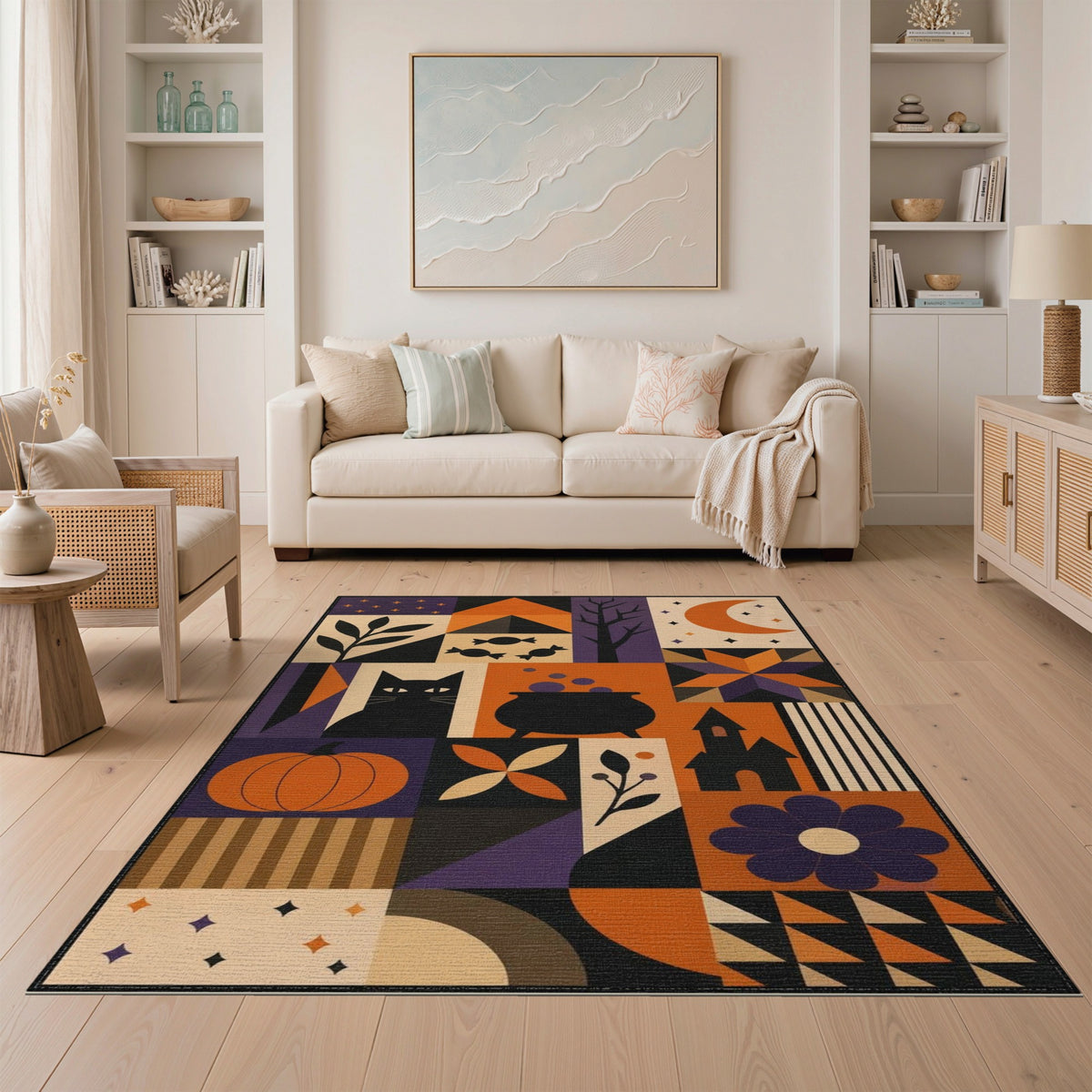Halloween Geometric Black Cat Area Rug