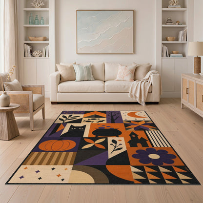 Halloween Geometric Black Cat Area Rug