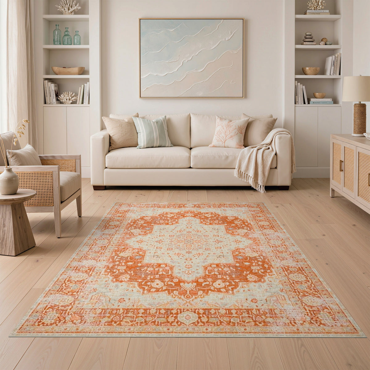 Distressed Orange Vintage Medallion Area Rug