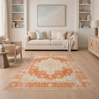 Distressed Orange Vintage Medallion Area Rug