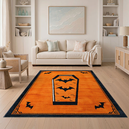 Halloween Orange Coffin Bat Area Rug