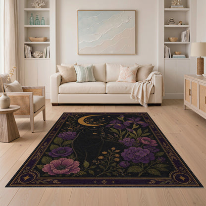 Mystical Black Cat Purple Floral Moon Area Rug