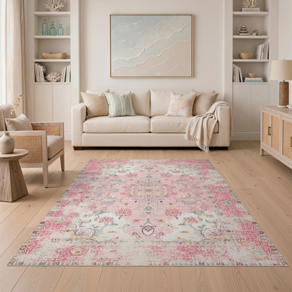 Pink Floral Vintage Washable No. 68 Area Rug