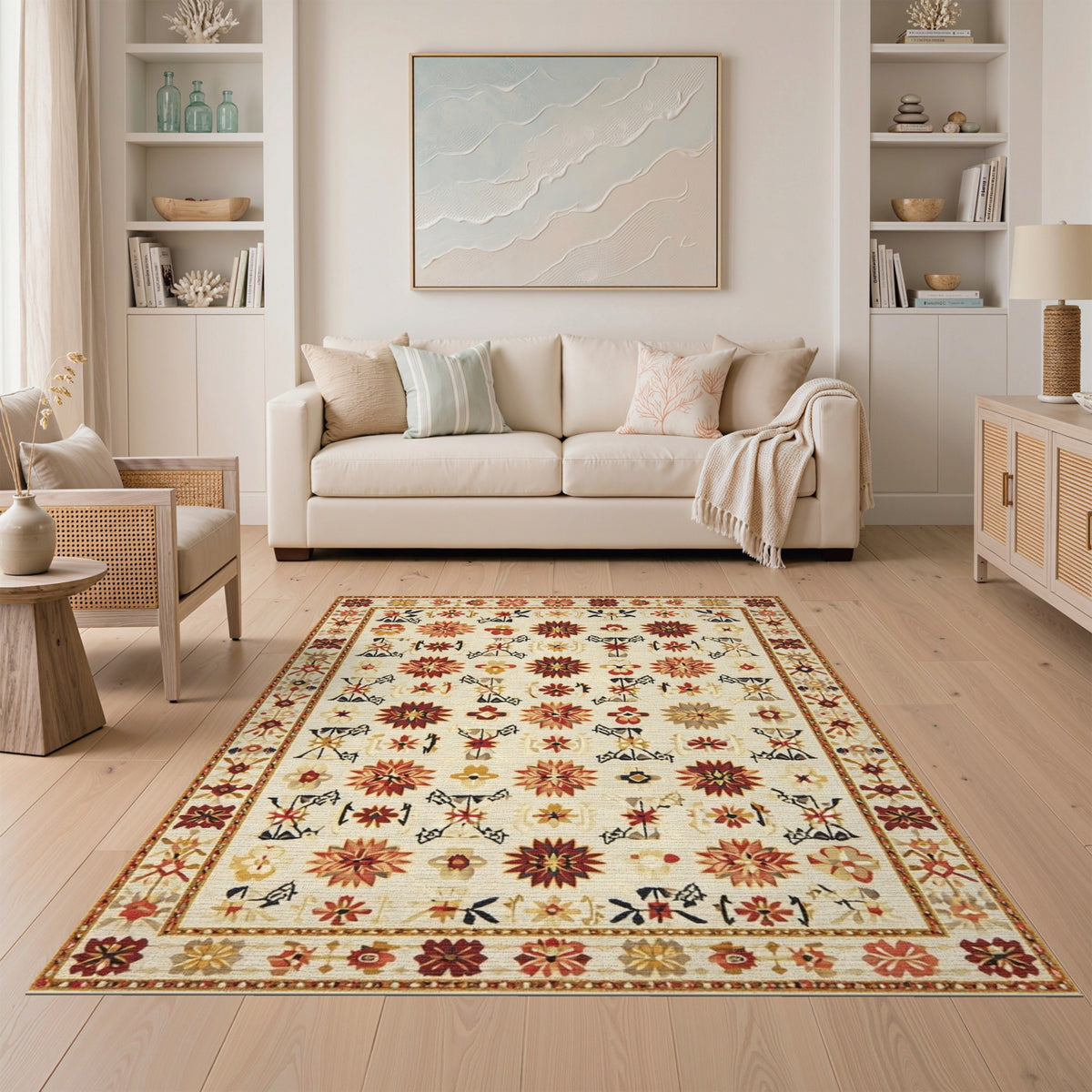 Beige and Neutral Beige Vintage Floral Medallion Area Rug