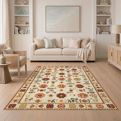 Beige and Neutral Beige Vintage Floral Medallion Area Rug