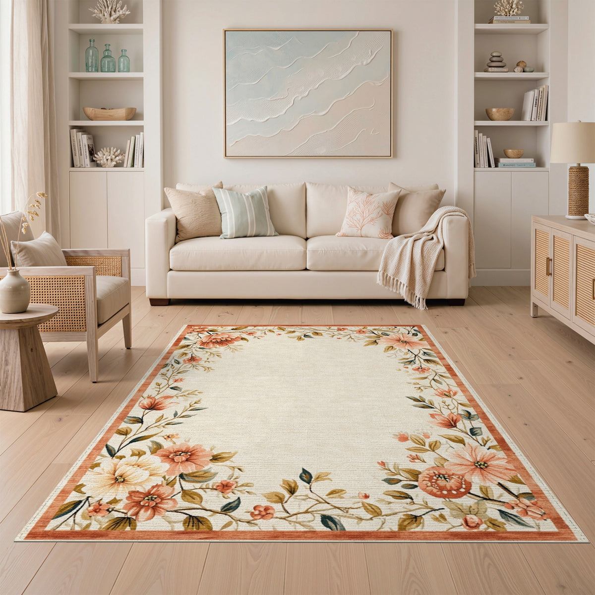 Beige and Neutral Vintage Peach Floral Beige Area Rug