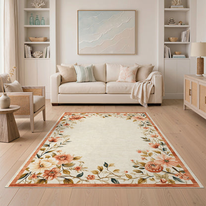 Beige and Neutral Vintage Peach Floral Beige Area Rug