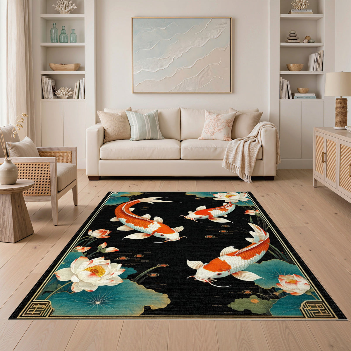Multi-color and Patterns Koi Fish Lotus Black Area Rug