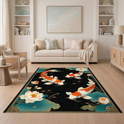 Multi-color and Patterns Koi Fish Lotus Black Area Rug