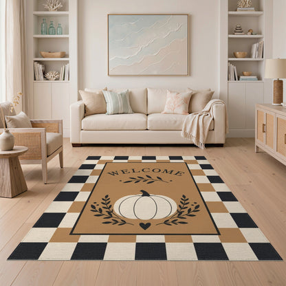 Pumpkin Welcome Checkered Brown Area Rug