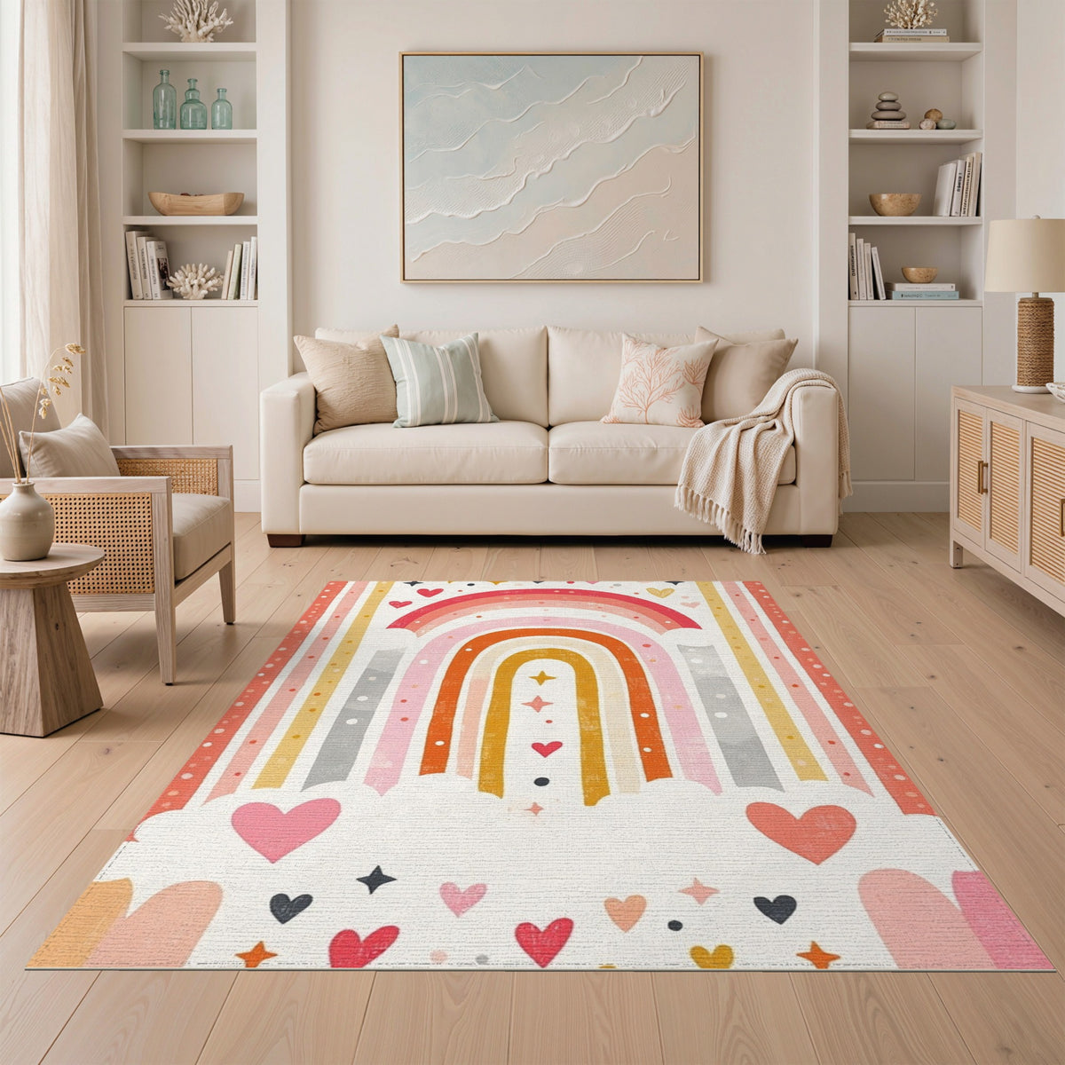 Kids Cartoon Multi-color and Patterns Rainbow Hearts Kids Area Rug