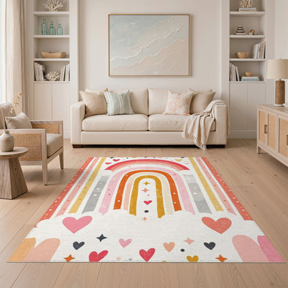 Kids Cartoon Multi-color and Patterns Rainbow Hearts Kids Area Rug