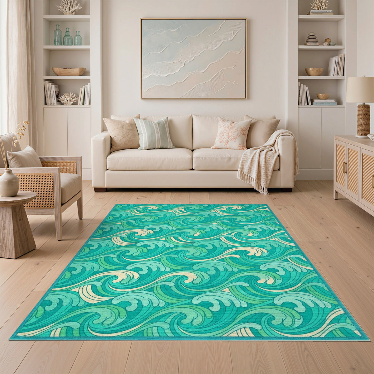 Teal Wave Swirl Washable Area Rug