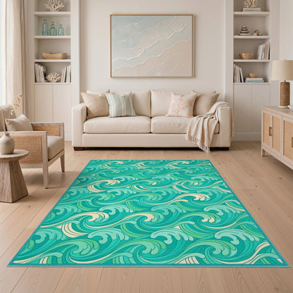 Teal Wave Swirl Washable Area Rug