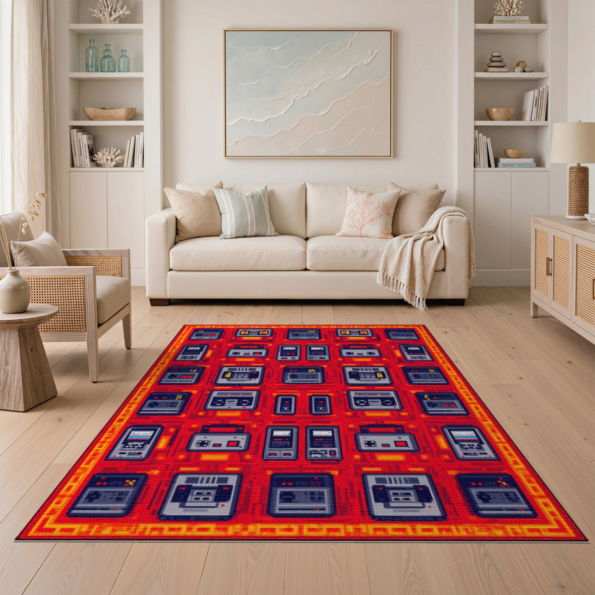 Retro Cassette Grid Red Washable Area Rug