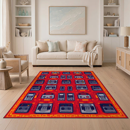 Retro Cassette Grid Red Washable Area Rug
