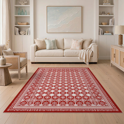 Red Snowflake Geometric Area Rug