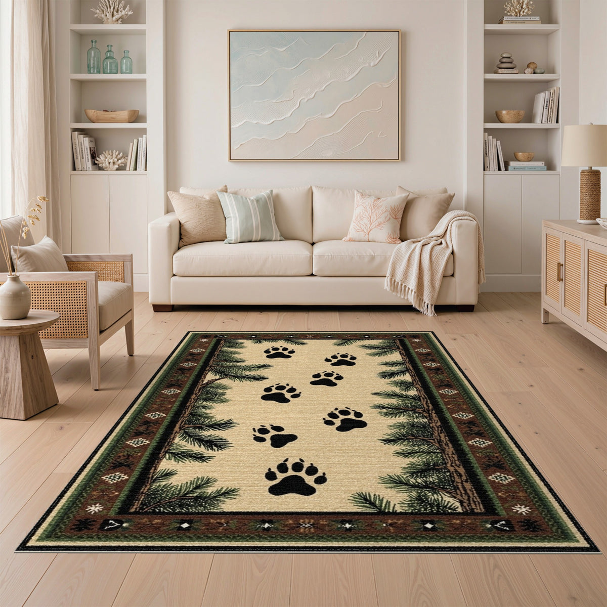 Bear Paw Tracks Pine Border Area Rug
