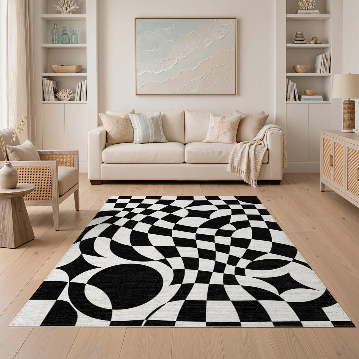 Black White Wavy Geometric Optical Area Rug