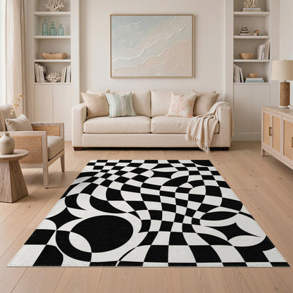 Black White Wavy Geometric Optical Area Rug