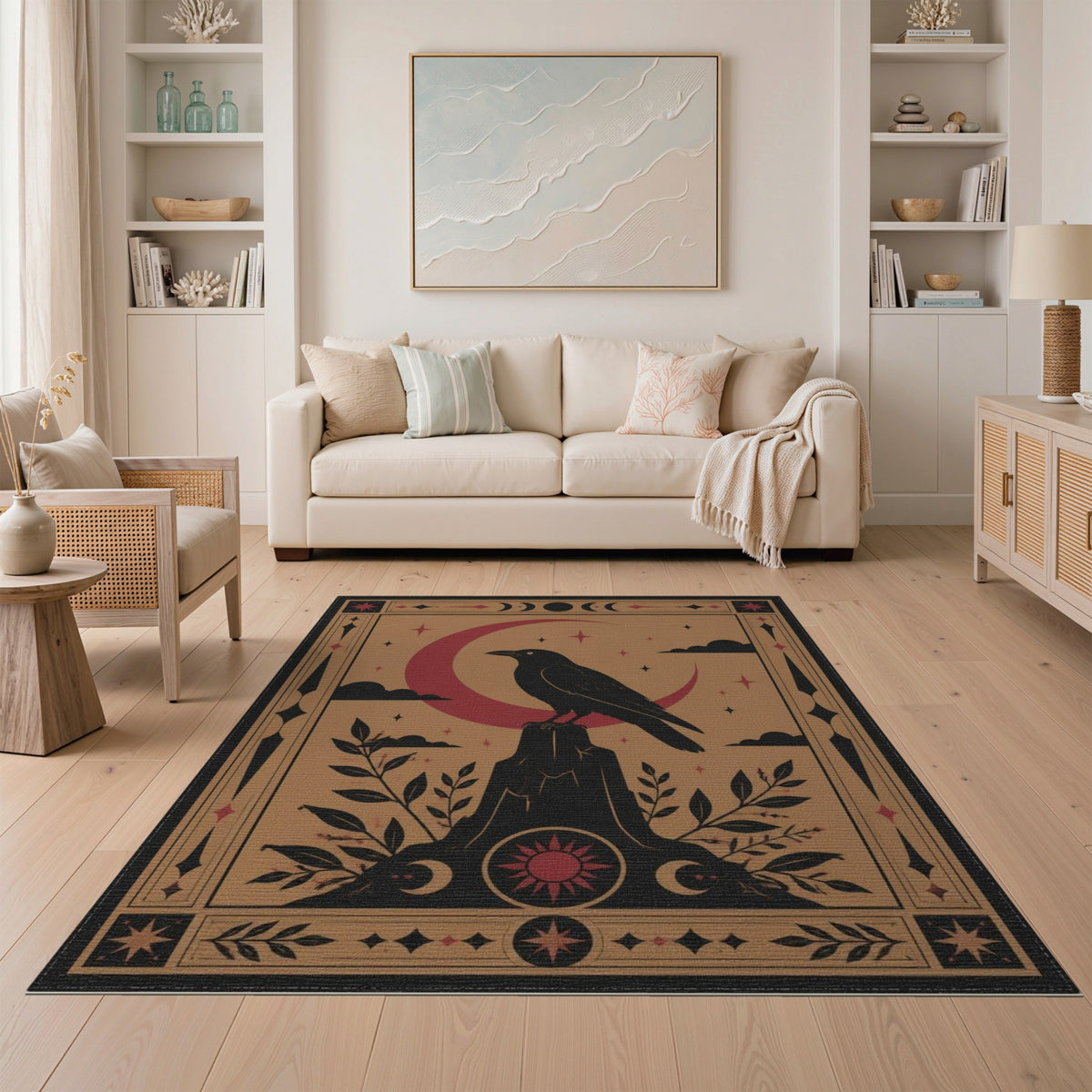 Brown and Tan Mystic Raven Crescent Moon Area Rug