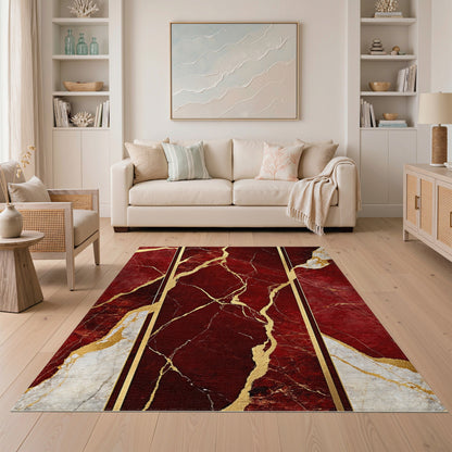 Red Gold Marble Vein Area Rug