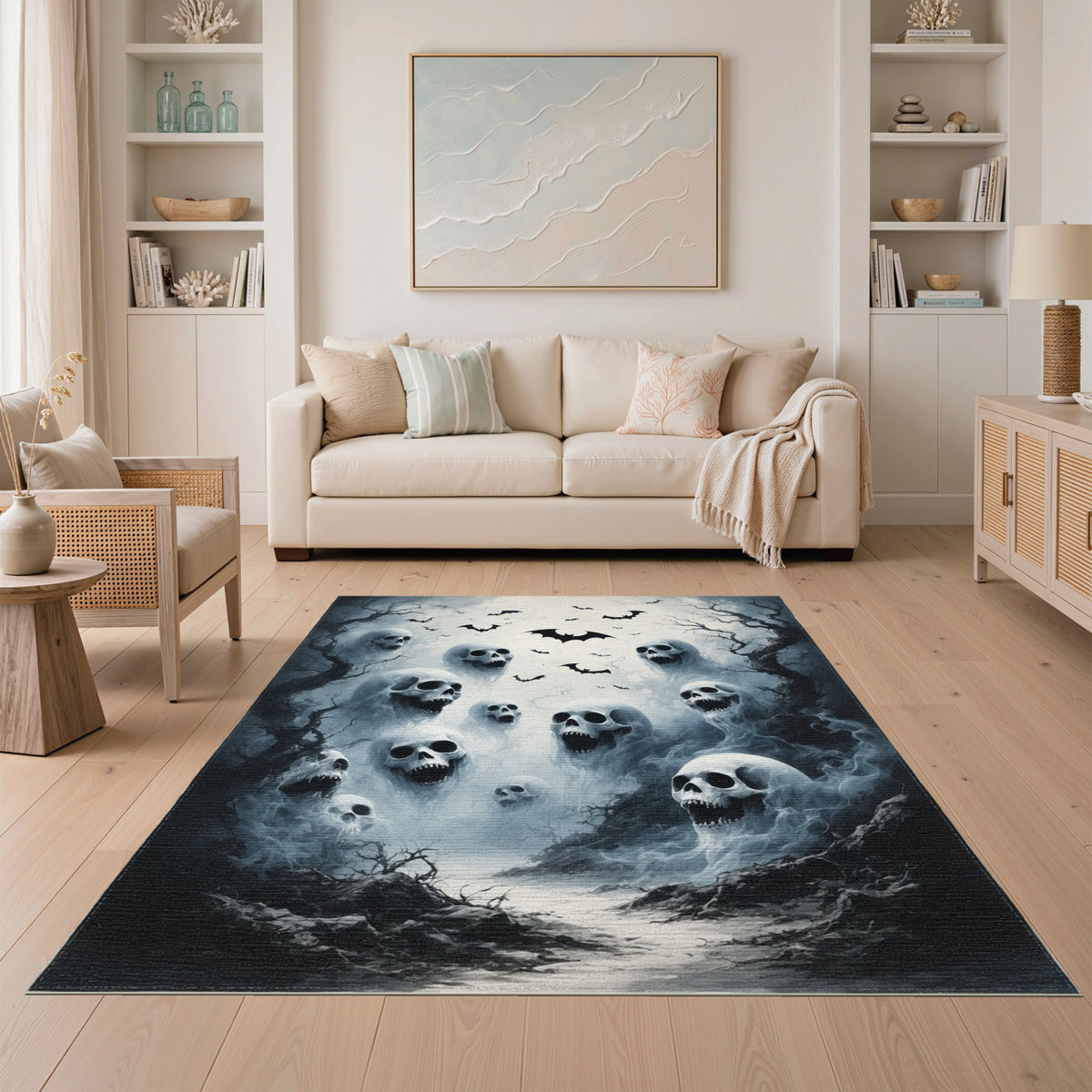 Eerie Skulls and Bats Black White Area Rug