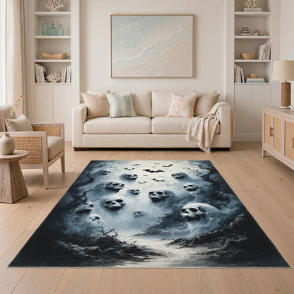 Eerie Skulls and Bats Black White Area Rug