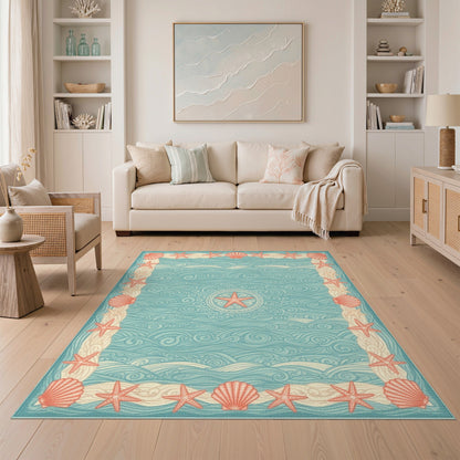 Blue Teal Coastal Starfish Wave Area Rug