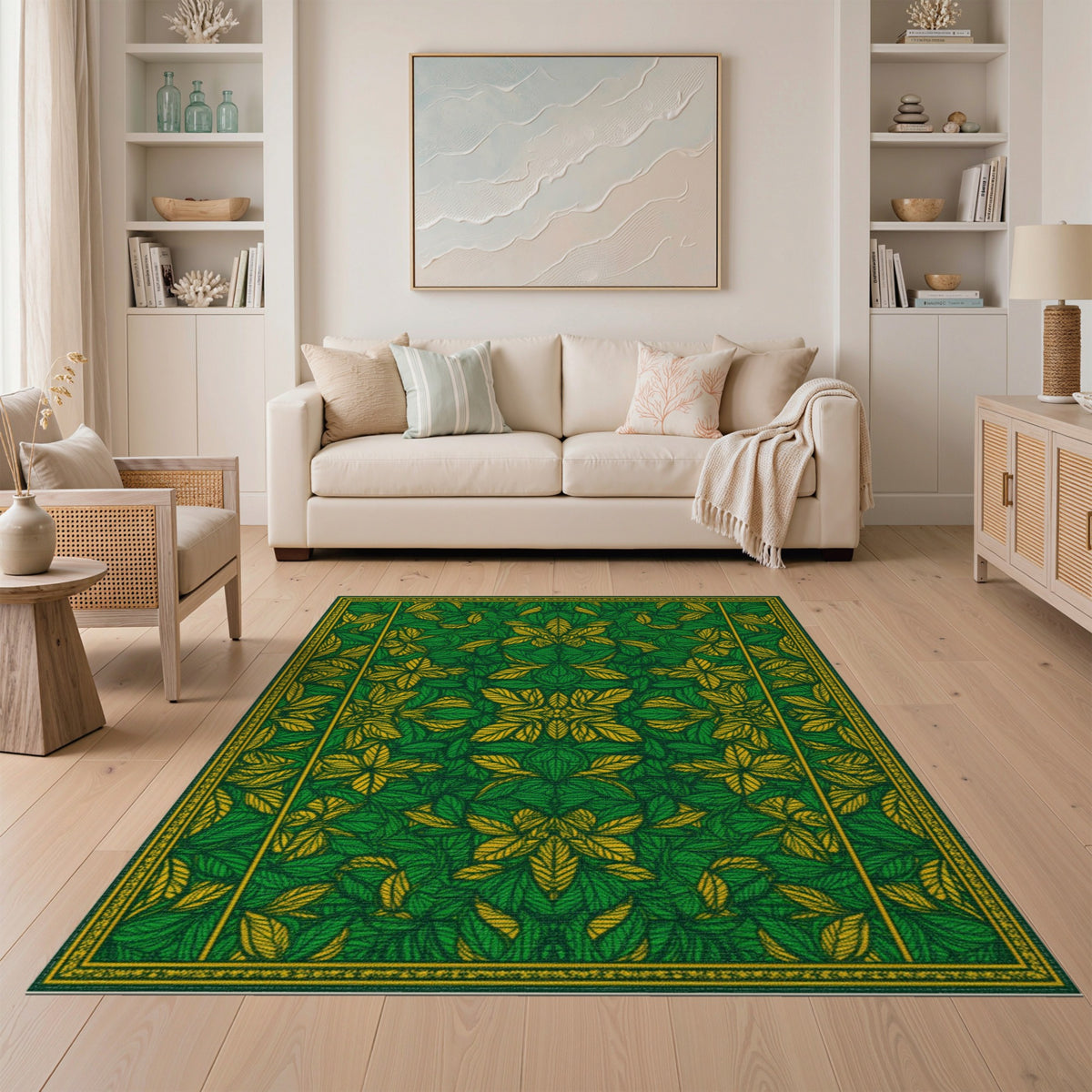 Green Floral Leaf Medallion Area Rug