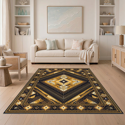 Black Gold Tribal Diamond Area Rug