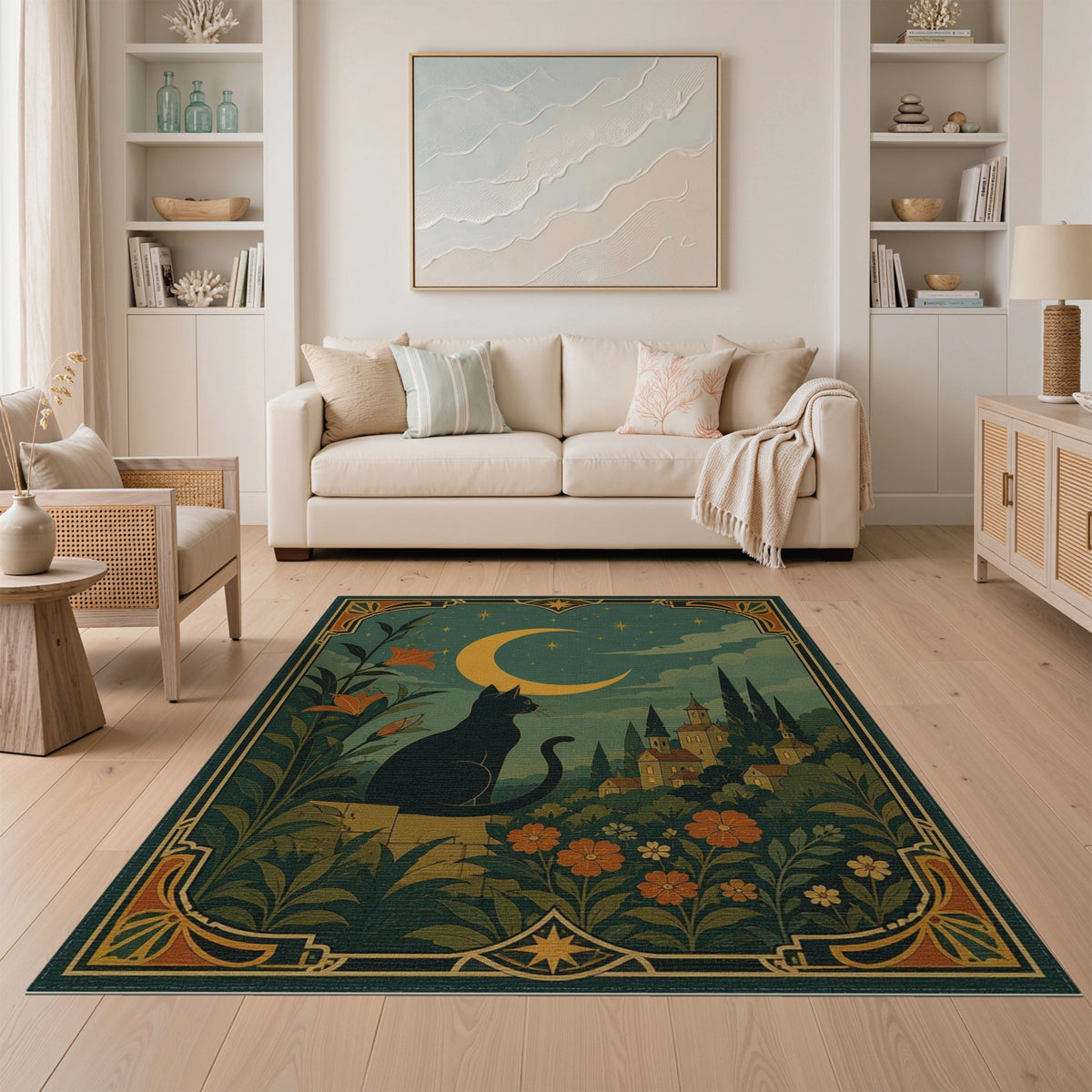Moonlit Black Cat Floral Vintage Rug