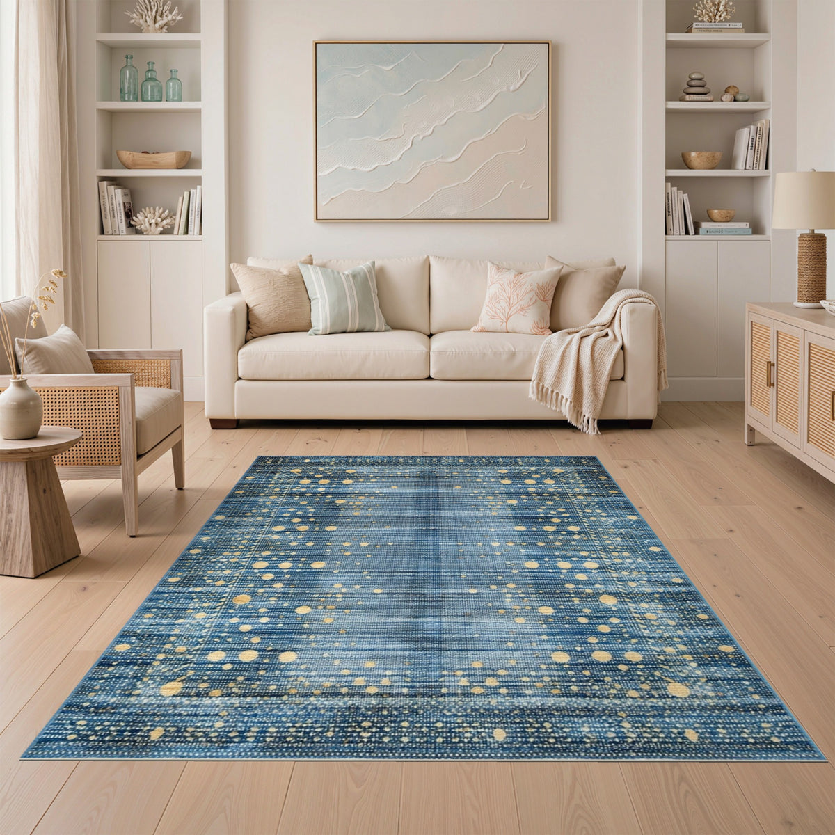 Blue Gold Dot Abstract Area Rug