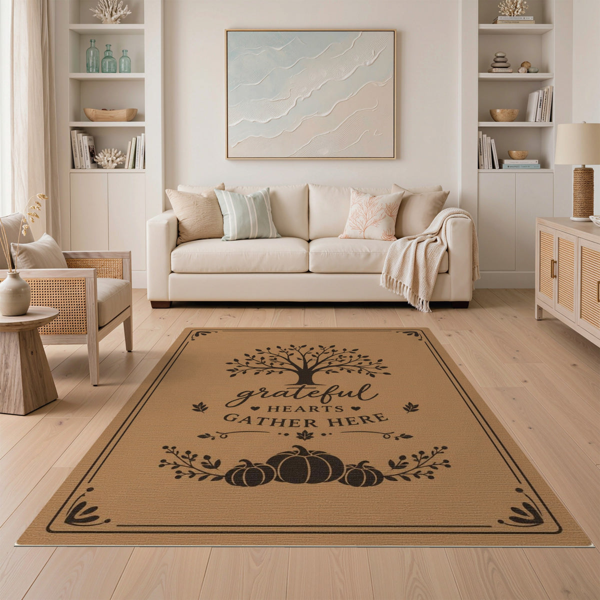 Grateful Hearts Gather Here Tree Pumpkin Area Rug