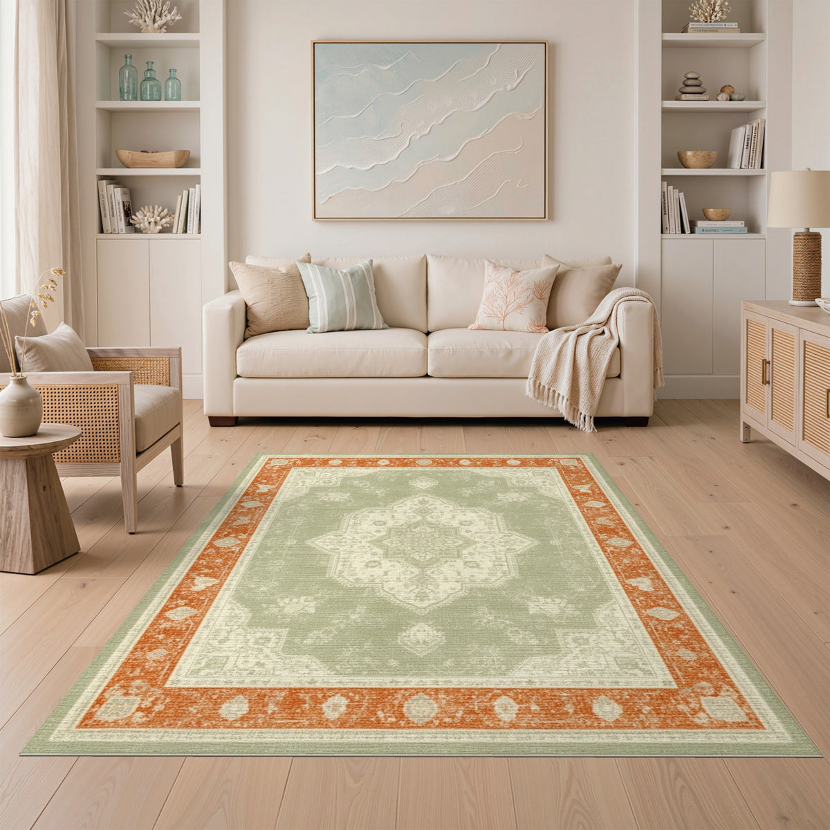 Sage Green Distressed Vintage Medallion Rug